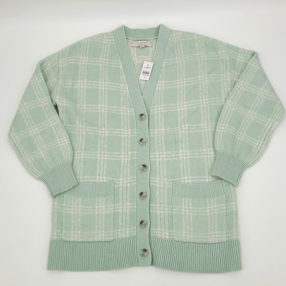 NWT LOFT Seafoam Green/White Plaid Long‎ Cardigan Women's Size M